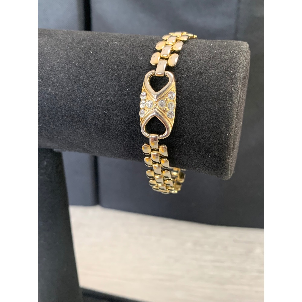 Vintage Two Tone Gold Silver Rhinestone Bow Link Bracelet 7 Inch 3056